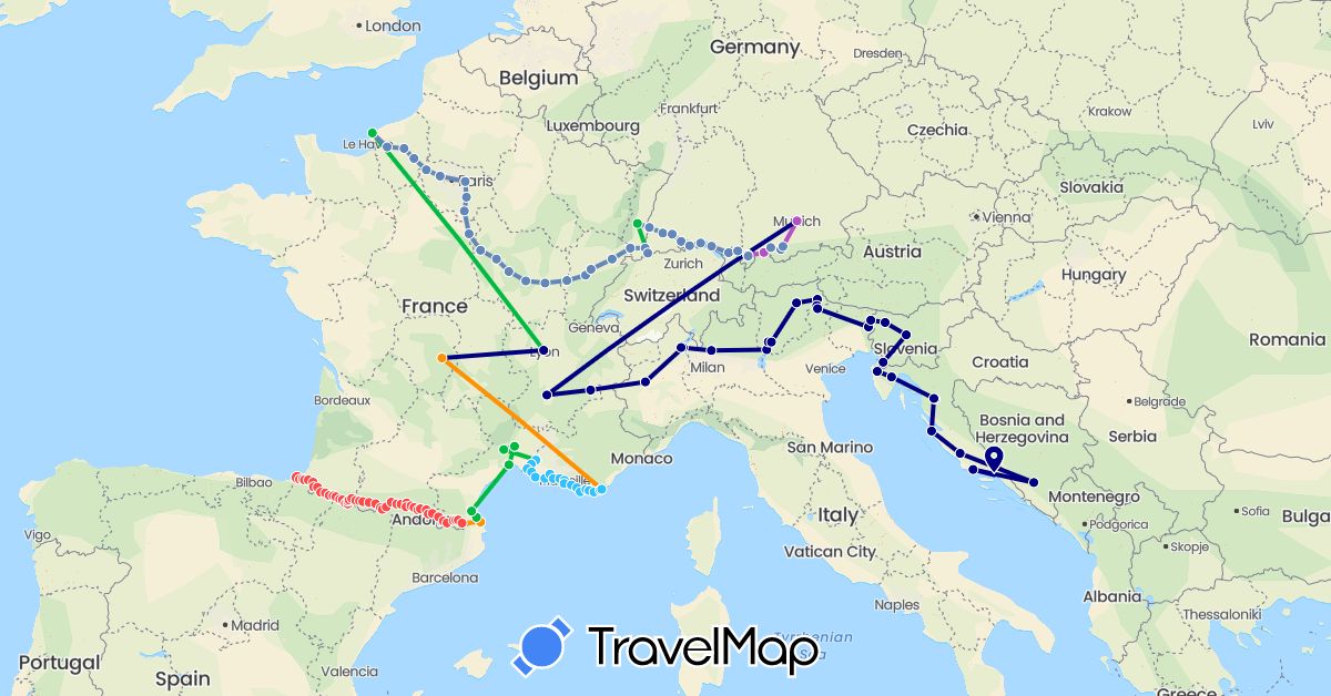 TravelMap itinerary: driving, bus, cycling, train, hiking, boat, hitchhiking in Bosnia and Herzegovina, Switzerland, Germany, France, Croatia, Italy, Slovenia (Europe)