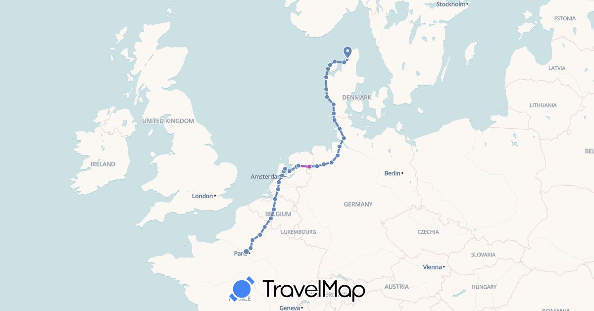 TravelMap itinerary: driving, cycling, train in Belgium, Germany, Denmark, France, Netherlands (Europe)